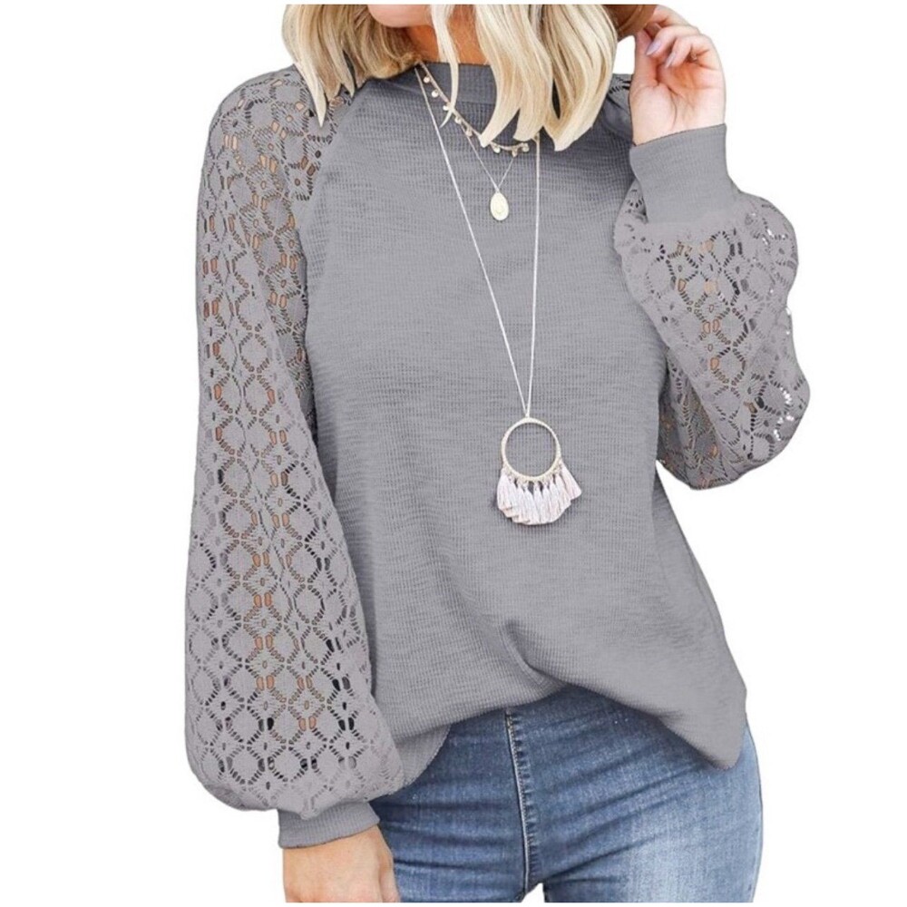 Miholl Women’s Waffle Knit Top with Crochet Lace Sleeves | Size Large